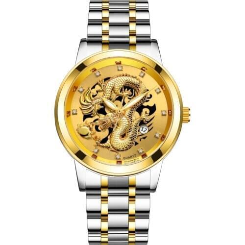 Luxury Mens Casual Gold Dragon Men Watch Quartz Stainless Steel Strap Wristwatches Waterproof Date Noctilucent Watch Male Clock