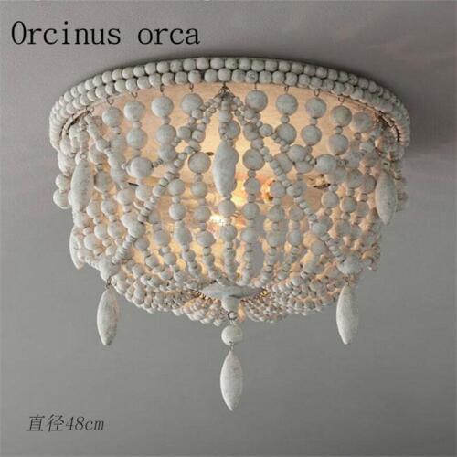 American style retro white wooden bead decorative ceiling lamp bedroom childrens Princess Room French entrance ceiling lamp