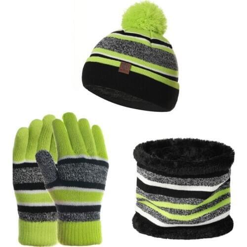 Kids Winter Woolen Yarn Knitted Pompom Hat Beanie Neck Scarf Gloves Warm Set