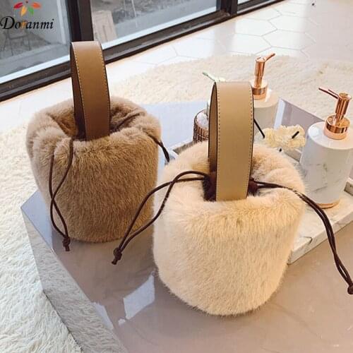 DORANMI Soft Fur Bucket Handbag Womens Bags 2020 Winter String Closure Handbag Female Top-handle Handbags Fur Shoulder Bag G321