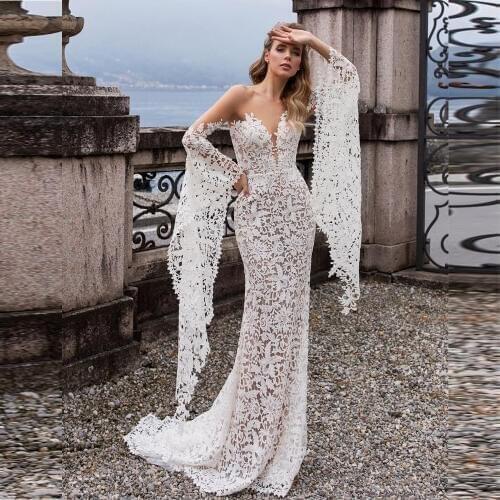 New Arrival Fashion Lace Mermaid Wedding Dresses With Flare Sleeves 2019 Backless Sweep Train Bride Dress Bridal Wedding Gowns
