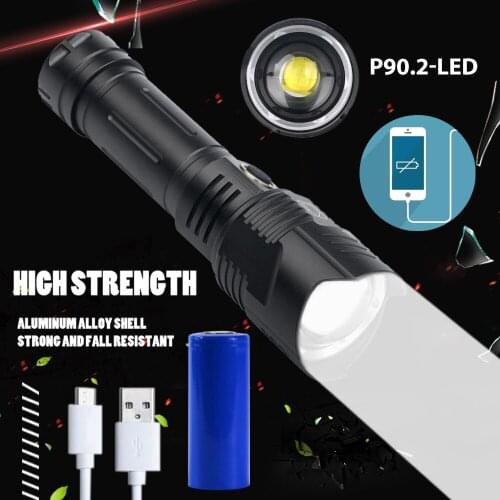 P90.2-LED flashlight aluminum alloy multi-function USB rechargeable flashlight outdoor camping glare zoom flashlight