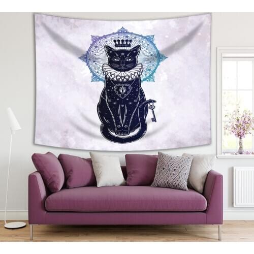 Tapestry Cat Portrait with Secret Key Moon Mandala at the Back Magical Ethnic Artwork Purple Navy Blue Gray