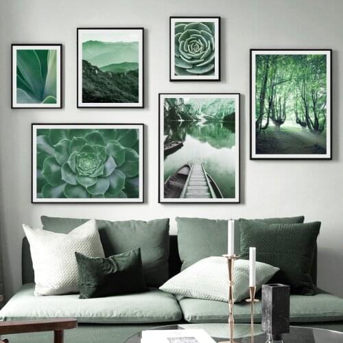 Mountain Calm Lake Boat Wood Agave Cactus Flower Wall Art Prints Canvas Painting Nordic Poster Decor Pictures For Living Room