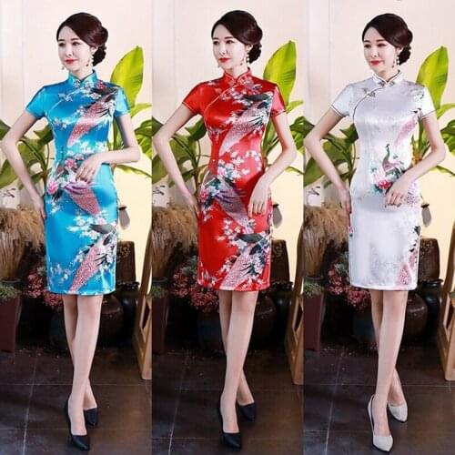 Chinese Traditional Cheongsam Summer Women Dress Dress Retro Slim Peacock Pattern Printed Cheongsam Dress Silk 2021 New Dress
