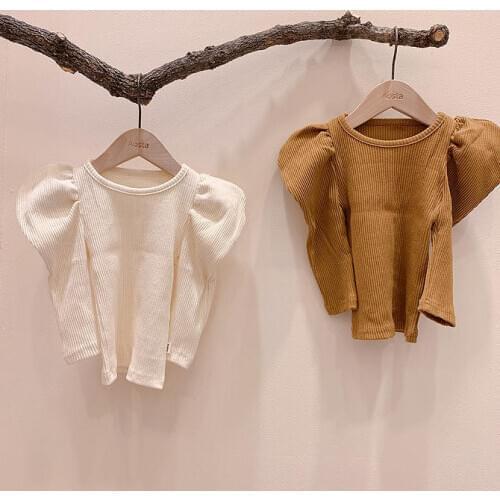 Korean Childrens Clothing Baby Girl Cute Puff Sleeve Bottoming Shirt Ins New Style Knit Low Waist Jersey Kids Tops
