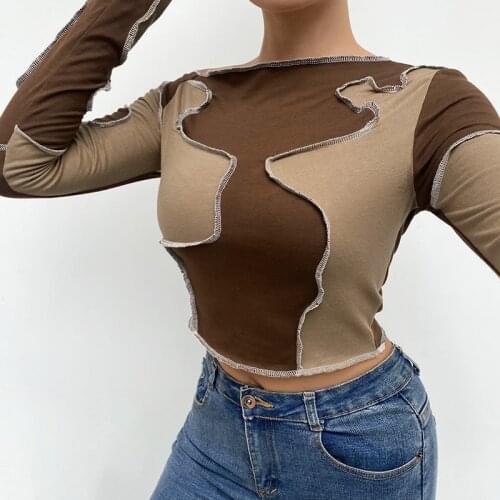 Contrast Crop Top Y2K Casual Tshirt Patchwork Pullovers Trendy Long Sleeve Top 90s Skinny Streetwear Women Costume 2021 Autumn