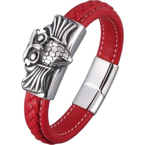 Trendy Men Jewelry Owl Shape Stainless Steel Magnet Clasp Red Handmade Leather Bracelet Bangles Punk Male Wristband Gifts PD0913