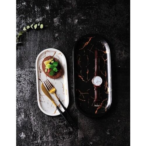 Nordic Marble Long Square Ceramic Plates Irregular Western Food Plates Souvenir Plate Household Pallet Jewelry Plates