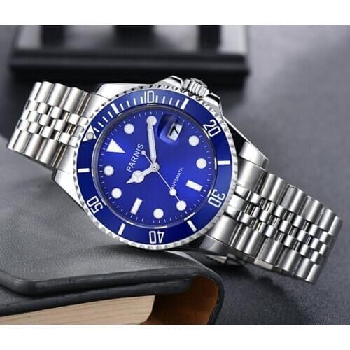 40mm PARNIS Sapphire Crystal 21 jewels Automatic machinery movement luminous mens watches blue ceramic bezel GR127-20