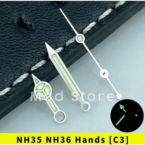 Silver Watch Hands Set Mod For NH35 NH36 4r35 4r36 Mov't SUB Style C3 Lume Green Lume Polished Finish