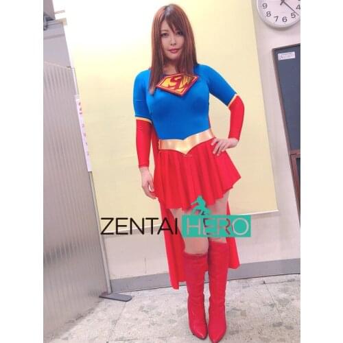 New Arrival Womens Spandex Bodysuits Sexy Blue Supergirl Lady Hero Zentai Catsuit Lycra Movie Sexy Ranger Leotard With Cape