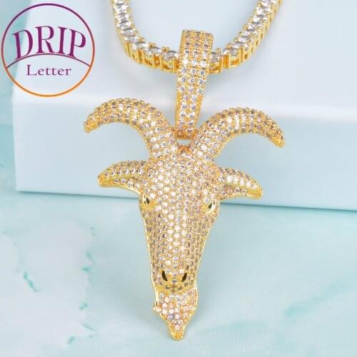 Sheep Head Pendant Gold Color Animal Plated AAA Zircon Necklace For Men Hip Hop Rock Chain Jewelry
