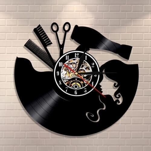 Comb Scissors Hairdresser Vinyl Record Clock Beauty Salon Wall Clock Vintage Barber Wall Sign Haircut Wall Art Gift