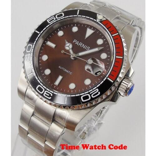 PARNIS 40mm Automatic Mens Wristwatch Coffee Dial Sapphire glass Date window ceramic bezel magnifier bracelet Mechanical watch