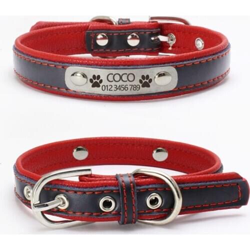 Personalized ID Tag Adjustable Cat Collar Free Engraving Custom Name Neck Buckle Strap Belt Cat Labrador Genuine Leather