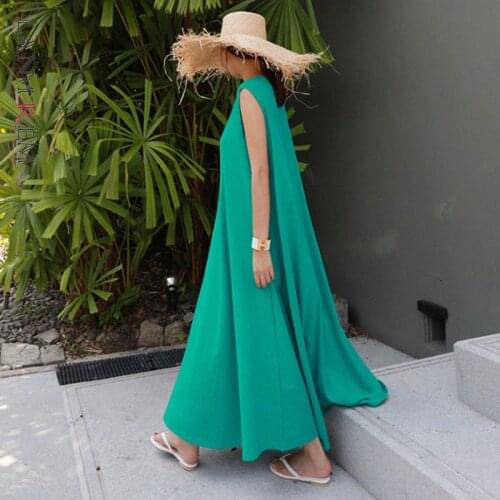 LANMREM Long Green Dress Korean Loose Sleeveless Round Neck Irregular Dresses Female Casual Streetwear Fahion 2D1708