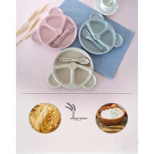 Fashion Solid Baby Toddler Kids Wheat Straw Tableware Table Food Tray Plate Bowl Dish Feeding Divided Sections