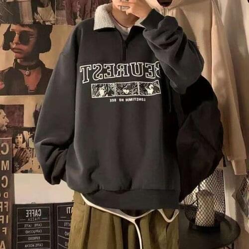 Zipper Polo Collar Pullover Cartoon Letter Print Oversized Sweatshirt Women Men Coat Long Sleeve Fleece Winter Student Outwear