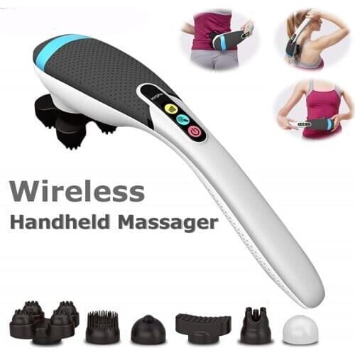 Handheld Wireless Electric Heat Deep Kneading Tissue Massager Cordless and Rechargeable Stick - 6 Interchangeable Heads