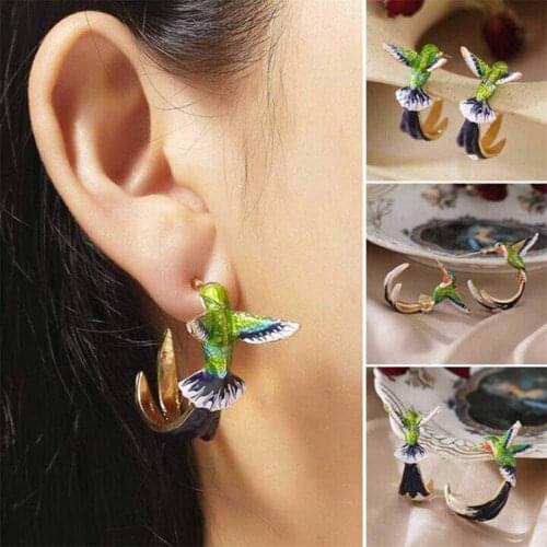 Cute Hummingbird Earrings Flying Hummingbird Oil Painting Earrings Enamel Hummingbird Stud Earrings Women Jewelry H9
