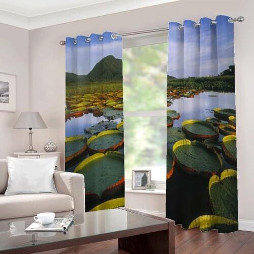 Custom 3D Photo curtain Lotus Leaf Flower Green Mountain Landscape For Dining Room Living Room Half-Blackout Drapes Sets