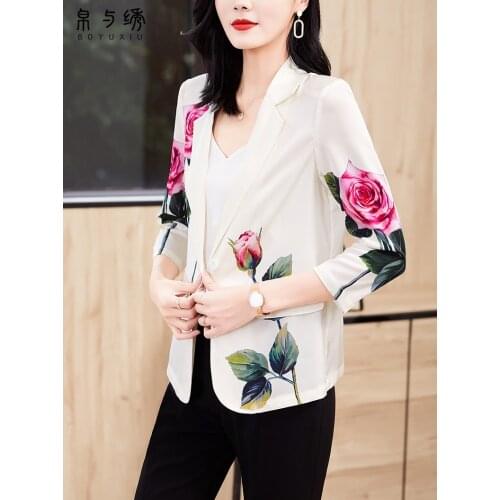 Mulberry Silk Suit Women Tops Summer Spring Fashion West Suit Fashion OL Causal Loose Floral Blouse