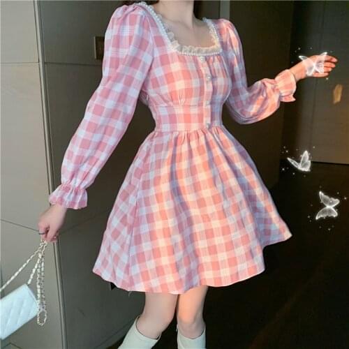Summer Women Mini Lolita Dress Japanese Square Collar Lace Pink Plaid Beading Flare Sleeve Dress Kawaii Dress For Women 2021