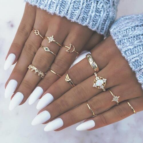 13Pcs/Set Vintage Star Opal Crystal Finger Ring Set Bohemian Gold Moon Crown Knuckle Midi Rings Women Jewelry Accessories Gift