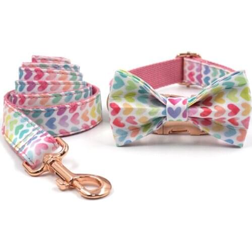 Personalized Collar for Dogs Female Pink Dog Collar with Bow Tie Cute Colorful Hearts Rose Gold Buckle Pet Collar and Leash Set