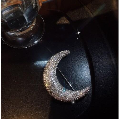 Classic Female Crystal Moon BIg Brooch Charm Silver Color Party Brooches For Women Cute Bridal White Zircon Wedding Brooch