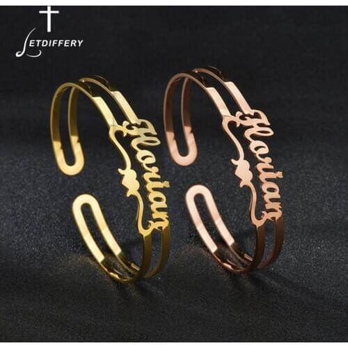 Letdiffery Custom Heart Name Bangle for Women Stainless Steel Cuff Bracelet Adjustable Personlized Jewelry Unique Birthday Gift