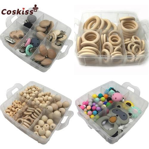 Baby Teether 4 Boxed Wood Beads Wooden Ring Teether Pacifier Clip Silicone Beads Raccoon DIY Baby Teething Necklace