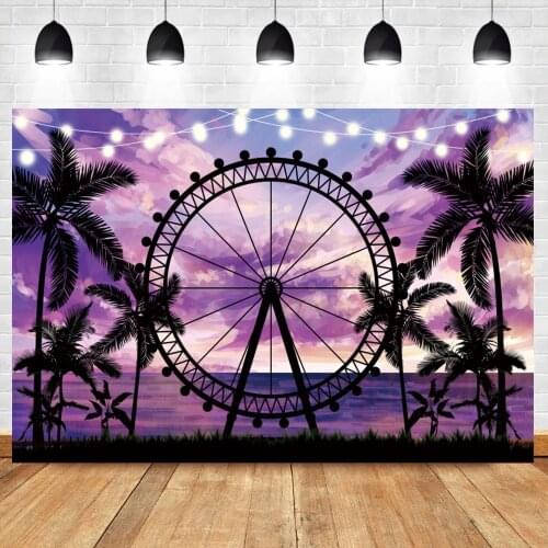 Laeacco Ferris Wheel Photo Background Torpical Coconut Tree Purple Sunset Seaside Scenic Child Photography Backdrop Photo Studio