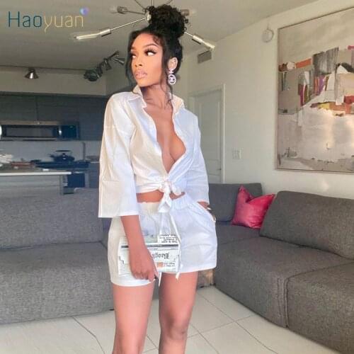 HAOYUAN Sexy Two Piece Set Button Shirt Top Lace Up Shorts for Women Summer Outfits Office Lady Clothing Club Party Matching Set