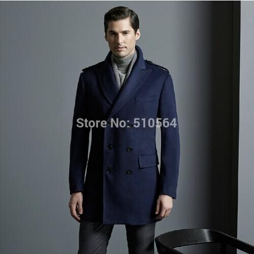 Custom made Business Slim double breast men high quality worsted wool cashmere coat Navy Blue casual jacket