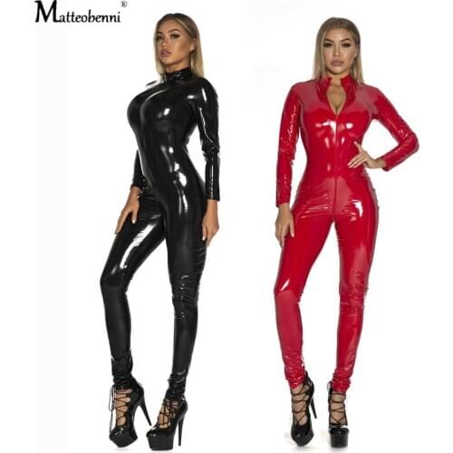 Women Sexy Faux Leather Catsuit PVC Latex Bodysuit Front Zipper Open Crotch Jumpsuits Stretch Bodystocking Erotic Club Costumes