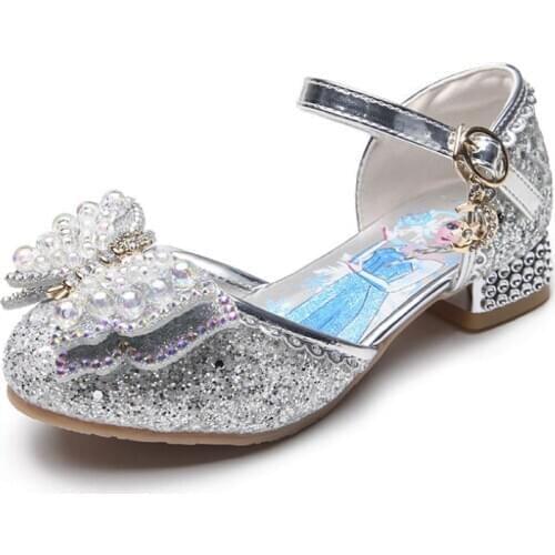 Disney Frozen Elsa Princess Girls Leather Crystal Sandals Glitter Casual High Heels Girls Sandals Pink Blue Silver Elsa Shoes