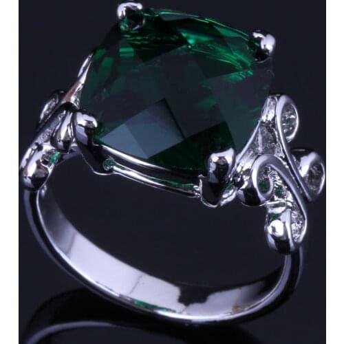 Pretty Square Green Cubic Zirconia Silver Plated Ring V0452