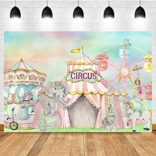 Laeacco Baby Birthday Backdrop Photographic Cartoon Watercolor Circus Animal Party Photography Photo Background For Photo Studio