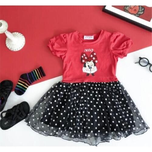 Disney Summer Girls Dress Minnie Mouse Mesh and Cotton Clothes Female Baby Party Birthday Princess Dress Kids Casual Tutu Dress