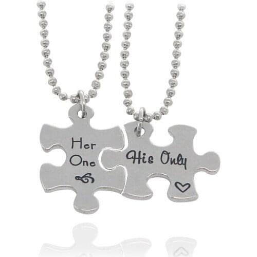2 Pieces/Set Fashion Necklace Geometric Figure Puzzle Shape Pendant Zinc Alloy Engraved Letter Couple Valentines Day Gift
