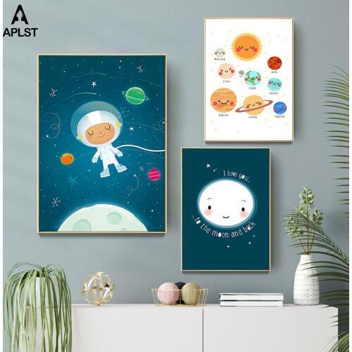 Cartoon Astronaut Cosmos Sun Planet Baby Nursery Canvas Print Posters Kids Inspiring Quotes Painting Wall Pictures Room Decor