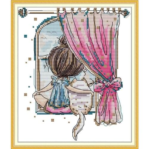 Little girl and fat cat cross stitch kit aida 14ct 11ct count printed canvas stitches embroidery DIY handmade needlework