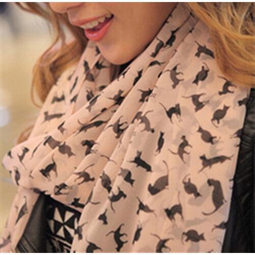 New Fashion Womens Chiffon Colorful Printed Sweet Cartoon Cat Kitten Scarf Graffiti Style Shawl Girls Christmas Gift