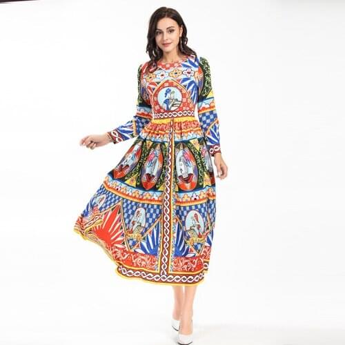 MIUXIMAO 2021 New Autumn Womens Clothing O-Neck Long Sleeve Printing Slim Waist Dress Fashion Elegant National Style