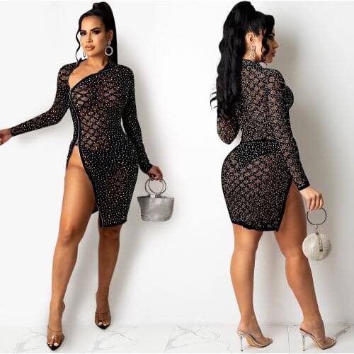 2021 New Arrival Famous Brand Women Dress Longsleeve Skew Collar Net Yarn