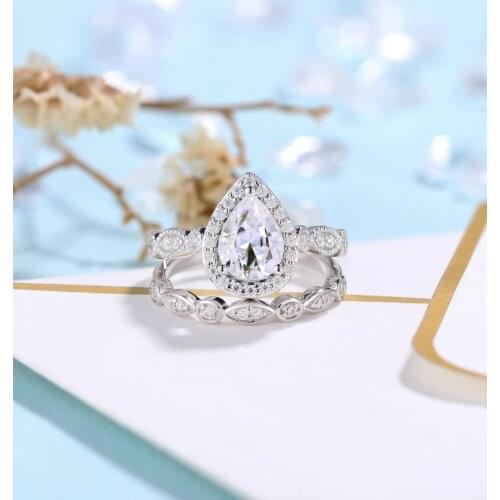 18K Solid Gold Center 6*8 Pear Cut Moissanite Halo Engagement Ring Bridal Wedding Set for Women Gift