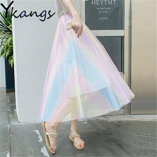 Rainbow Colors Sequins Pleated Fairy Skirt High Waist Pastel Design Mesh Plus Size Elegant Sweet Tulle Summer New Women Clothing
