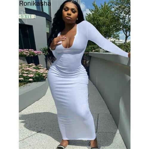 Ronikasha Women Sexy Summer Dress Scoop Neck Ottoman Rib Long Sleeve Outfit Bodycon Maxi Skirt Set Club Dresses